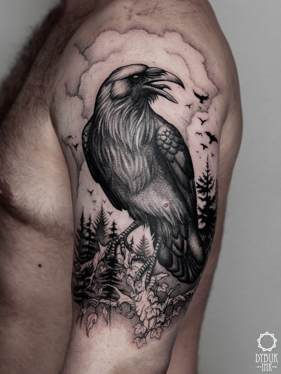 Dybuk Ink | Nona Karnowska | tatuaż słowiański | nordycki | mroczny | Kraków-tatuaż-kruk-ramię-Black & Grey-Dotwork-Graficzny / Sketch-Realizm