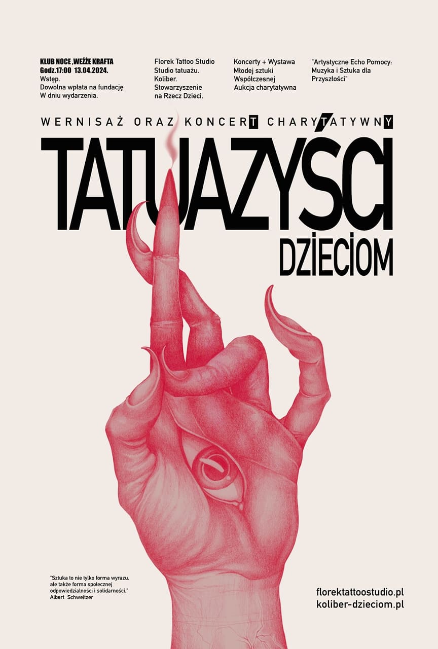 Tatuażyści dzieciom. Wernisaż Charytatywny Florek Tattoo Studio i Stowarzyszenia Koliber w Krakowie